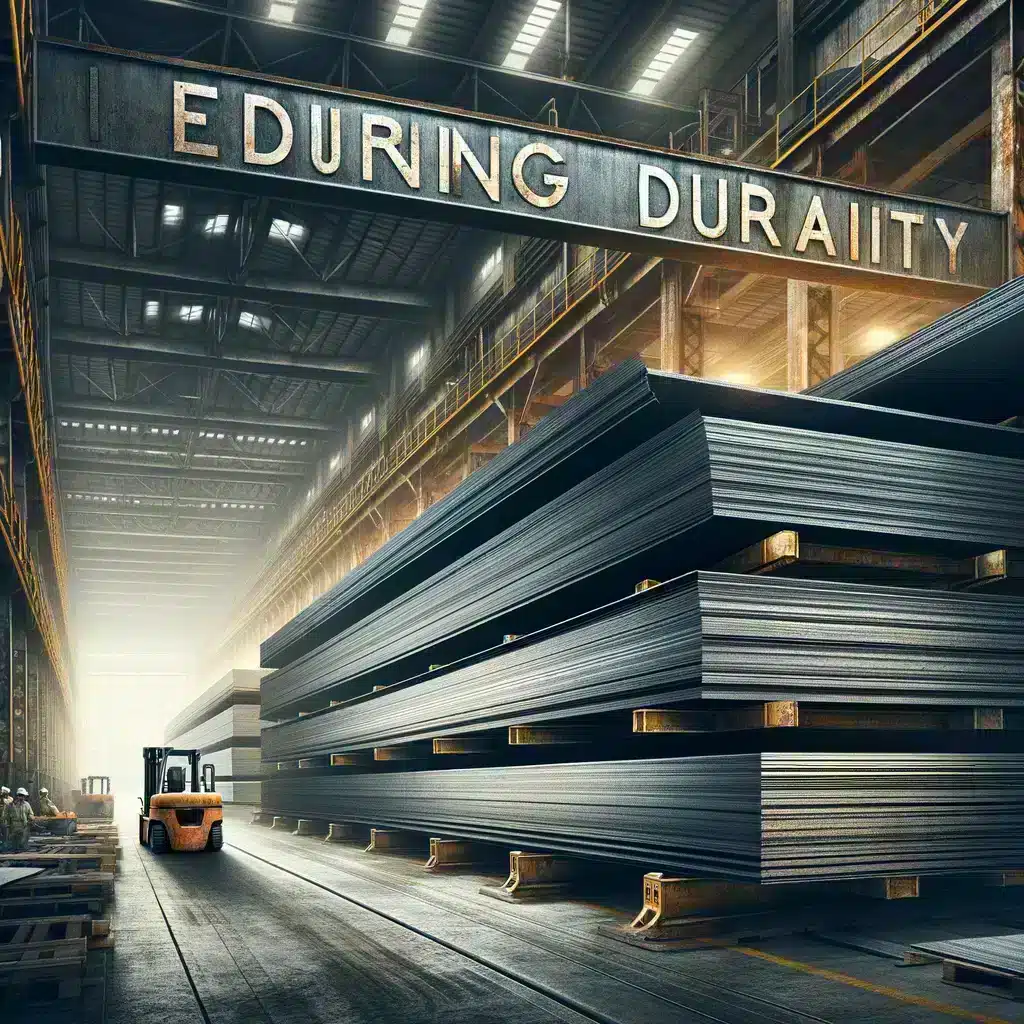 DALL·E 2024 02 27 21.56.43 An industrial warehouse with long stacks of carbon steel sheets that show signs of use yet remain intact and unyielding highlighting their durability