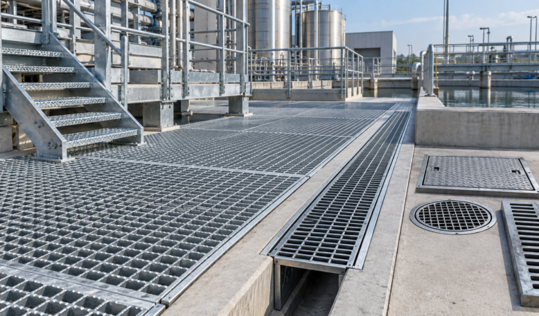 Steel platform gratings and drainage systems